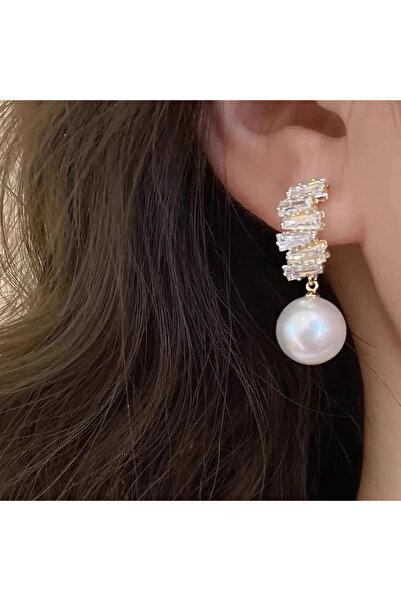 BUNILU Cercei eleganti Aurii cu Perle Albe Teardrop si pietre din zirconiu