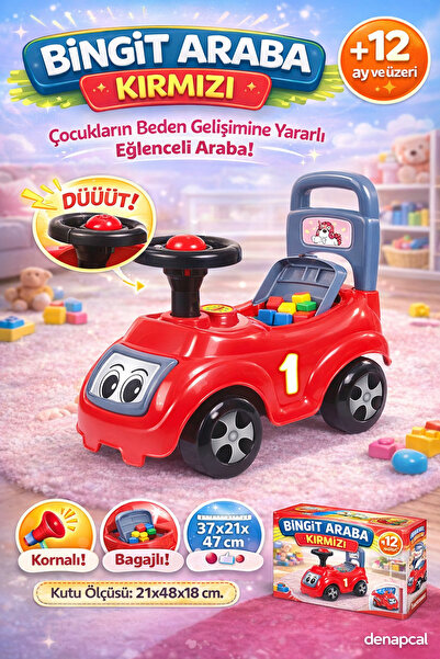 DENAPCAL Binmeli Oyuncak Araba Kırmızı Korna Sesli Bagajlı İlk Arabam 12 Ay+