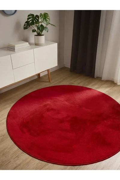 Turkrugs Velora Serisi Kırmızı Yuvarlak Tavşan Peluş Halı – Ultra Yumuşak Kaymaz Taban Modern Peluş Halı