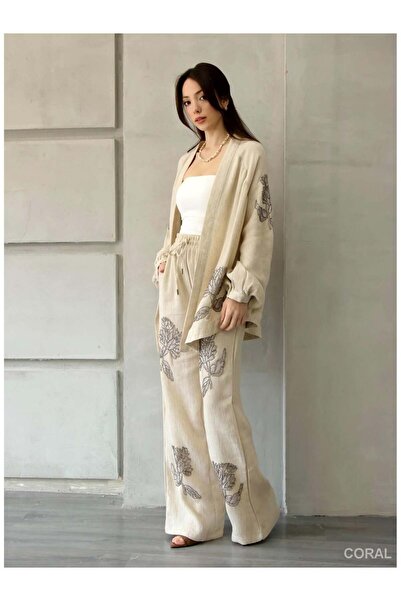 Coral 45239 Beaded Large Floral Embroidered Trousers Natural