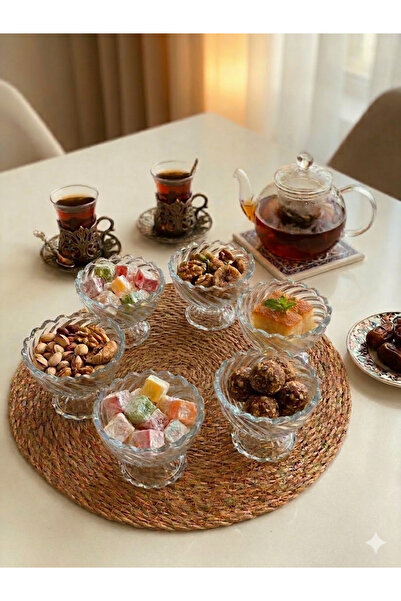 KdrElektronik Ayaklı 6'lı Optik Dalgalı Cam Sunum ve Dondurma Kase Seti Tatlı...