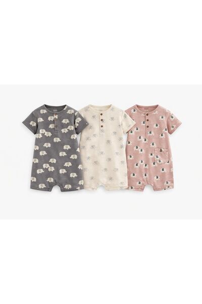 Next Baby Cotton Cream Brown Printed 3-Piece Romper Set