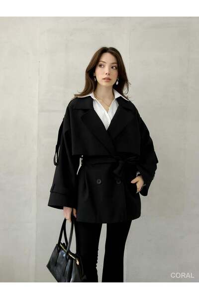 Coral 9580 Epaulettes Double-Breasted Short Trench Coat Black
