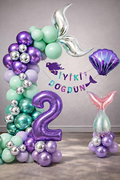 Patladı Gitti Mermaid Themed 2Nd Birthday Balloon Decoration Set – Purple Lil...