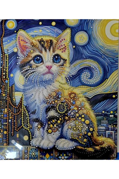Hobiline 5D Yapışan Boncuk Goblen Mozaik Tablo Pano 21*25 cm YILDIZLI GECE KEDİ