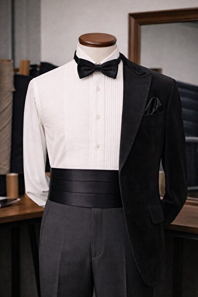 Ars Magic Box Luxury Men's Black Bridegroom Suit Satin Fabric Belt Set