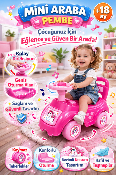 DENAPCAL Unicorn İlk Arabam Binmeli Oyuncak Araba Kız Çocuk Oturaklı Direksiy...