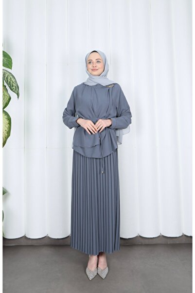 HNT Hayrunnisa Tesettür Yandan Tokalı Eteği Piliseli Krep Takım Antrasit HNT8600