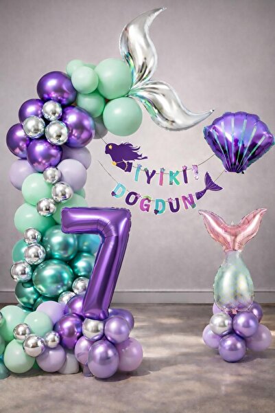Patladı Gitti Deniz Kızı Temalı 7 Yaş Doğum Günü Balon Süsleme Seti – Mor Lil...