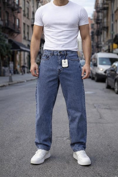 fashionistanbul Men's Dark Blue Baggy Jean Trousers Comfortable Fit Wide Leg Denim Jeans