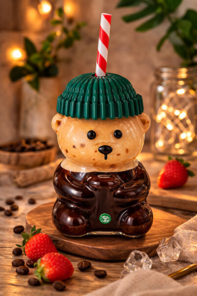 COCEM Thick Glass Teddy Bear Cup with Straw |   Coffee Milkshake Smoothie Cut...