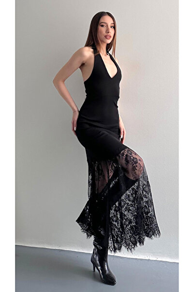 EEES KADIN HALTER YAKA DANTEL ETEKLİ ŞIK ELBİSE