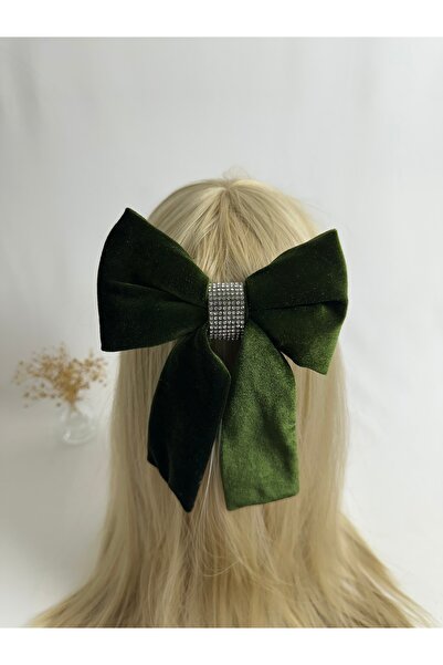 MegssStore إبزيم أوتوماتيكي على شكل فيونكة باللون الكاكي مرصّع بالأحجار مخمل