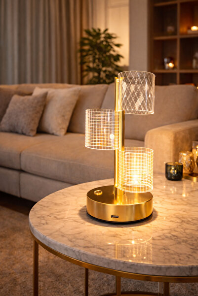 newar 3 Parça Kristal LED Masa Lambası Gold – Dokunmatik Şarjlı Dekoratif Kom...