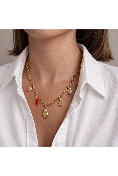nerora Heart Clover and Pepper Charm Chain Steel Gold Necklace
