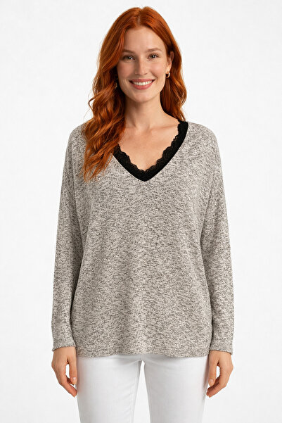 Neden Tekstil V-Neck Lace Paneled Gray Melange Oversized Women's Blouse