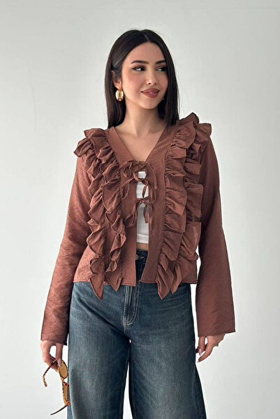 Noa&Noa Ruffled Lace-Up Blouse-Brown Brown