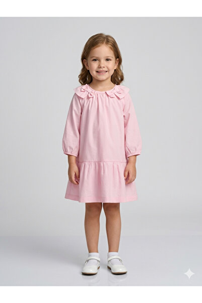 Motebarn Wear Κοριτσίστικο Ροζ Φόρεμα Λεπτομέρεια με φιόγκο με Γιακά Ποπλίνα