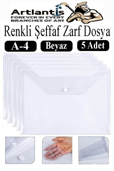 Artlantis Beyaz A4 Çıtçıtlı Dosya Şeffaf Renkli Zarf Dosya 5 Adet Çıt Çıtlı D...