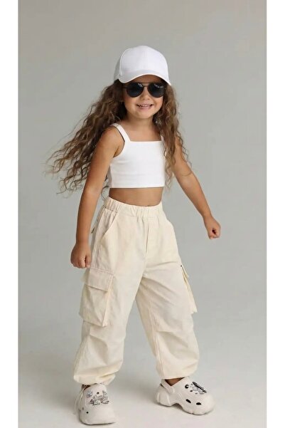 WOWMOMKIDS Kız Çocuk Kargo cepli Pantolon Crop Takım - 2' li Yazlık Kombin