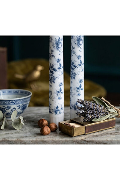 MyBalliStore Blue Blanc Peony Desenli 2'li Dekoratif Şamdan Mumu