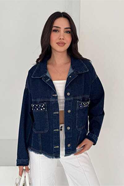 Noa&Noa جاكيت جينز قصير بجيوب مرصّع بالأحجار - أزرق داكن أزرق داكن