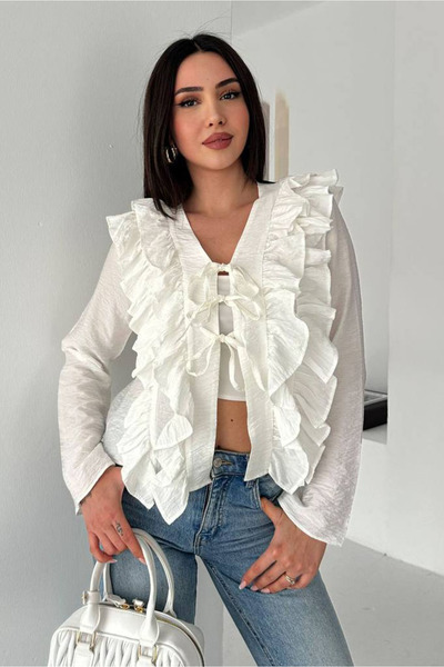 Noa&Noa Ruffled Lace-Up Blouse-Ecru Ekru