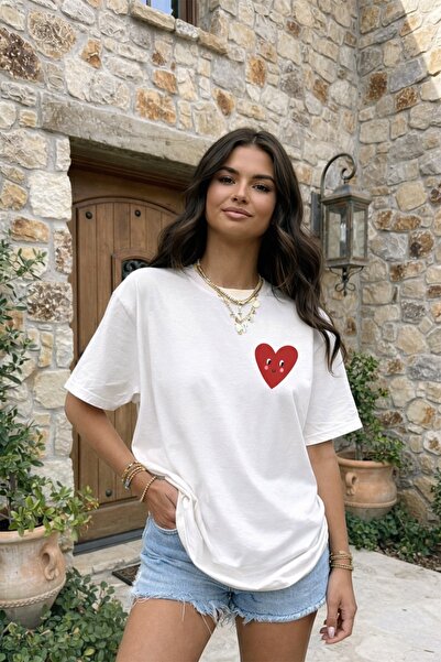 Monila Γυναικείο T-Shirt από ύφασμα Premium Ecru Heart με τύπωμα oversized