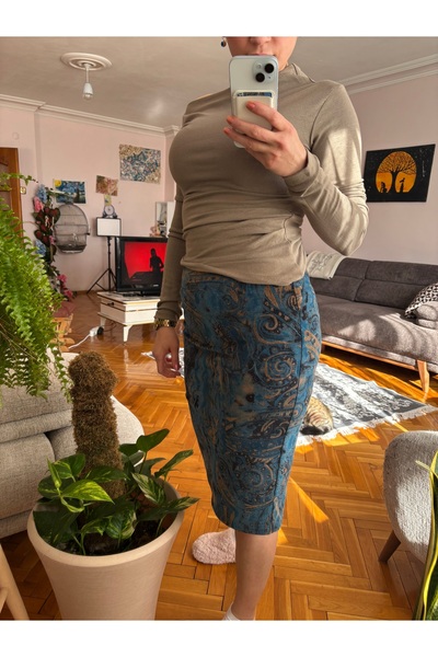 Yasminyes Elemeği Özeldikim desenli fitilli kadife kalem etek