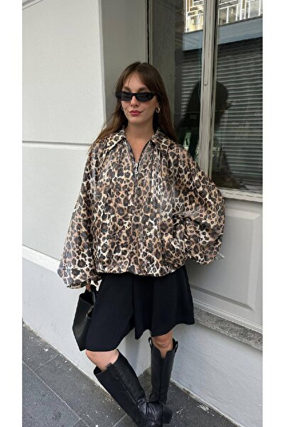 LOKADI Women's Leopard Printed in Oversized Balloon Sleeve Zippered Jacket & ...
