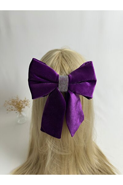 MegssStore مشبك أوتوماتيكي على شكل فيونكة باللون الأرجواني مرصّع بالأحجار مخمل