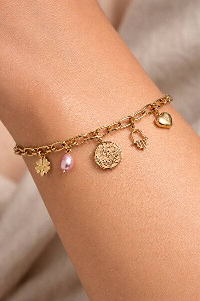 Takıtolia Vpink Pink Beaded Heart and Clover Charms Gold Chain Stainless Stee...