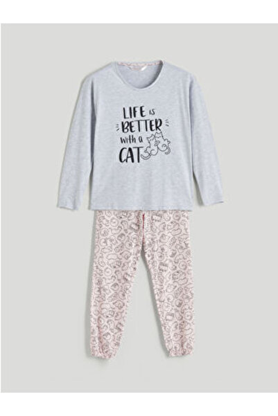 LC Waikiki M1 Sezon Pink Crew Neck Printed Women's Pajama Set