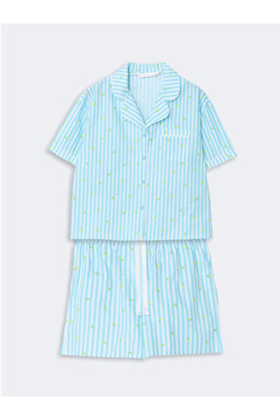 LC Waikiki M1 Sezon Blue Shirt Collar Striped Women's Shorts Pajama Set