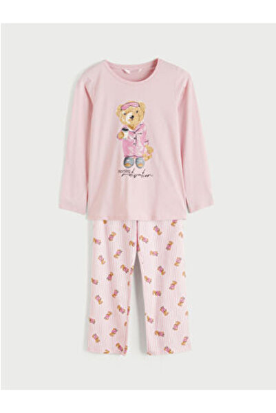 LC Waikiki M1 Sezon Pink Crew Neck Bear Teddy Printed Women's Pajama Set