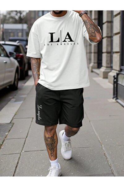 puolikuu Men's Oversized Tracksuit with Shorts - La Los Printed T-Shirt - Shorts