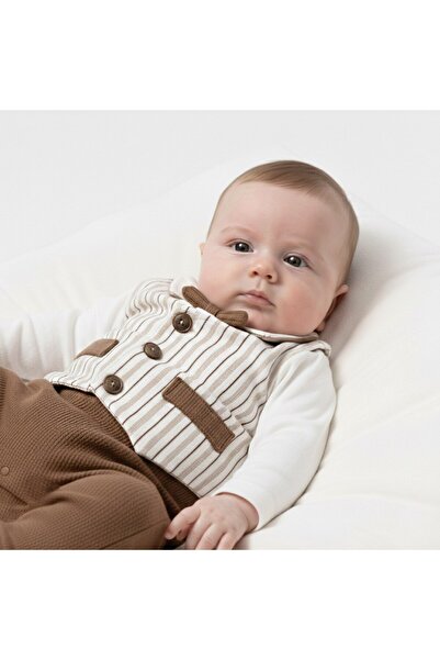 moukou Stylish Bow Tie Baby Boy Romper – Striped Vest Detailed Newborn Baby R...