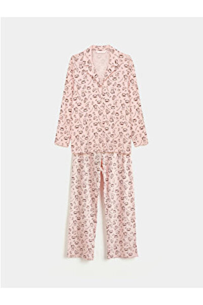 LC Waikiki M1 Sezon Pink Shirt Collar Patterned Women's Pajama Set