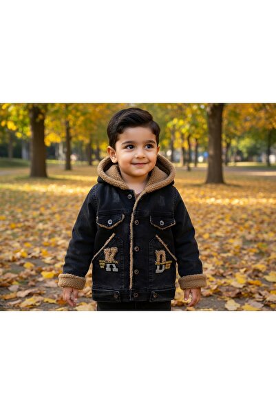 CUBBUX Boy's Hooded Denim Jacket Inside P Plush Sherpa Black Blue