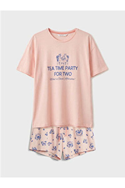 LC Waikiki M1 Sezon Pink Crew Neck Printed Women's Shorts Pajama Set
