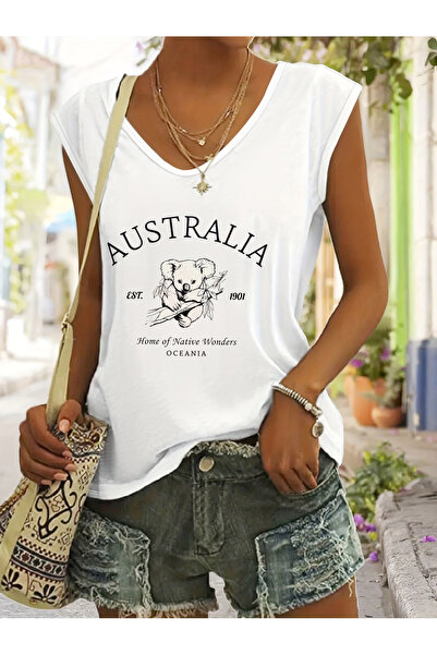 Deocept Women's Australia Printed V-Neck Sleeveless Regular Fit Casual T-Shirt