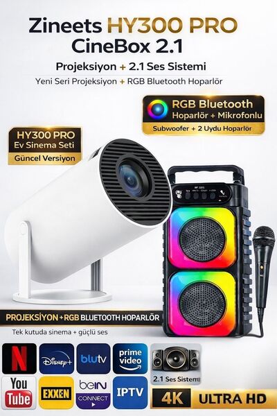 Zineets Taşınabilir Android Projeksiyon + Ses Sistemi Wifi Destekli Akıllı Si...