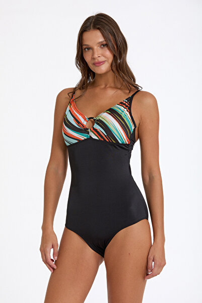 Argento Women's Black Patterned Ring Detailed Fixed Thin Covered Adjustable T...