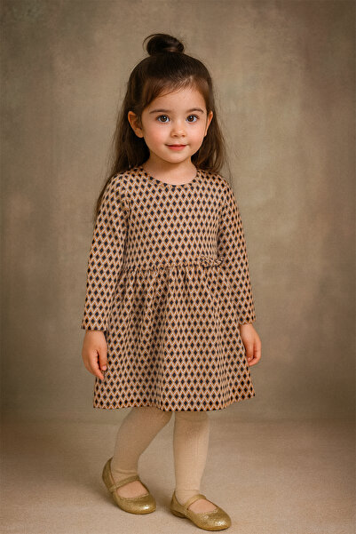 FOR GIRLS Girls' Long Sleeve Geometric Print Casual Dress - Beige