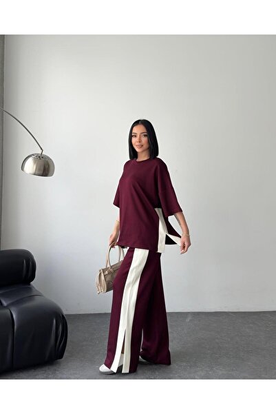 02Lady Fashion Modal Fabric Tracksuit Suit with Slit and Garnish