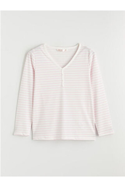 LC Waikiki M1 SEZON بلوزة بيجامة نسائية باللون الوردي برقبة على شكل حرف V مخطط