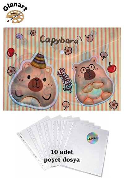 Glanart a4 boy çıt çıt ödev dosyası +10' lu poşet dosya capybara sweet