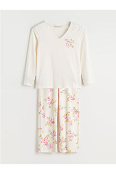 LC Waikiki M1 Sezon Ecru V-Neck Floral Women's Pajama Set