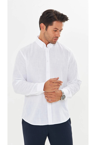 Tam12den Home Men's Zend Club Regular Fit Summer Linen Shirt White