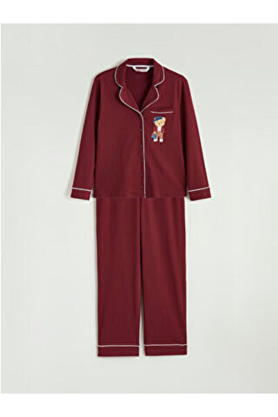 LC Waikiki M1 Sezon Burgundy Shirt Collar Bear Teddy Printed Women's Pajama Set